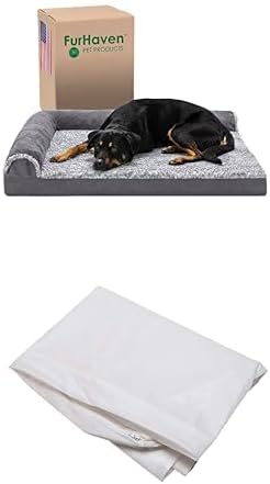 Bundle of Furhaven Orthopedic Dog Bed for Large Dogs for Dogs Up to 95 lbs - Faux Fur & Suede L Shaped Chaise - XL + Dog Bed Liner Water-Resistant Foam Mattress Protector Cover - White (X-Large)