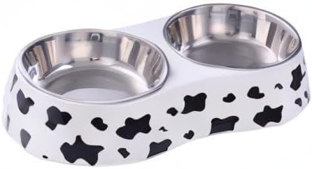 Pet Double Bowl Stainless Steel-Cow Type Pet Elevated Feeder Bowl for Dogs Cats (M (10 * 4.8 * 1.6 in))