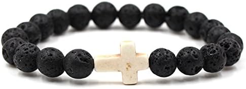 COLORFUL BLING Cross Beaded Bracelet for Men Women Adjustable Natural Lava Stone Rock Stretch Bracelet Set Essential Oil Diffuser Chakra Healing Prayer Religious Jewelry
