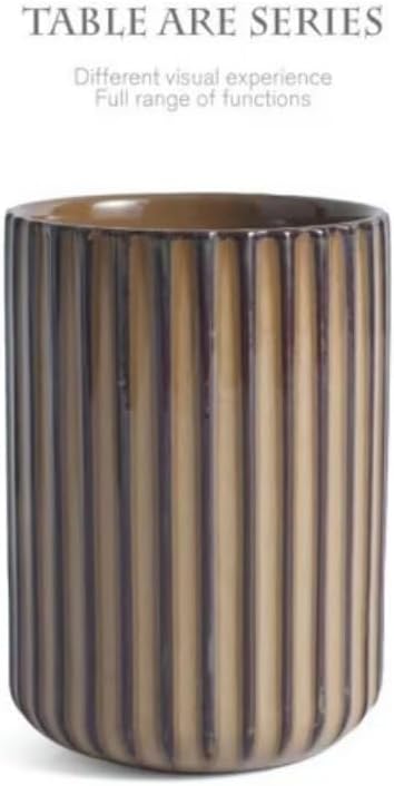 Stoneware Coffee Bar Utensil Holder Tea & Coffee Spoon & Stirrer Holder for Stir Stick Straw Teaspoon Holder Spoon Cup Small Utensil Jar Fluted Vertical Stripe (Rustic Brown)