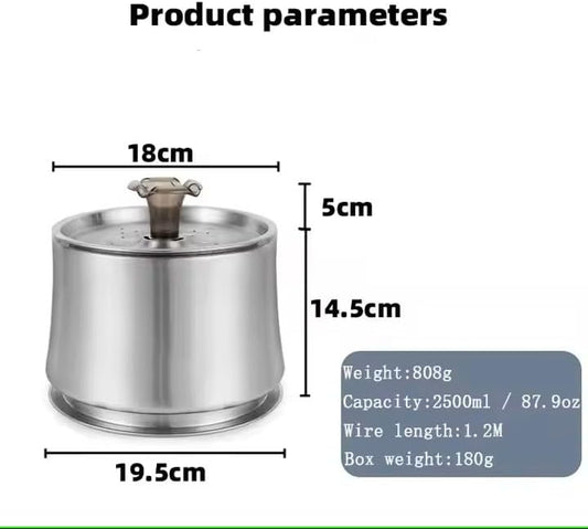 Cat Water Fountain 84oz/2.5L Stainless Steel, Automatic Dog Water Dispenser, Ultra-Quiet Pump, Water Level Window, BPA-Free, Advanced Filtration with 2 Filters for Cats, Dogs & Multiple Pets.