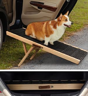 Dog Ramp for Bed, 43.5" Long Wooden Foldable Dog Ramp, 6 Adjustable Heights from 14" to 26" with Anti-Slip Traction Mat, Portable Pet Ramp for Car, Bed, Couch, Max 200lbs - 43.5inch