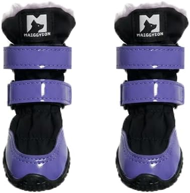Dog Shoes for Winter Outdoor Purple Patent Leather Fleece-Lined for Warmth Waterproof Non-Slip Dog Booties 4PCS (7#(2.36-2.56))