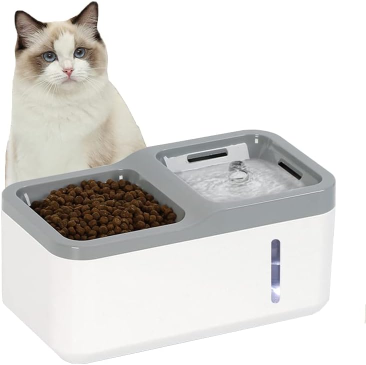 Dog Cat 2-in-1 Automatic Water Fountain and Food Bowl with Filtered, LED Light, 51oz/1.5L Pet Drinking and Food Storage