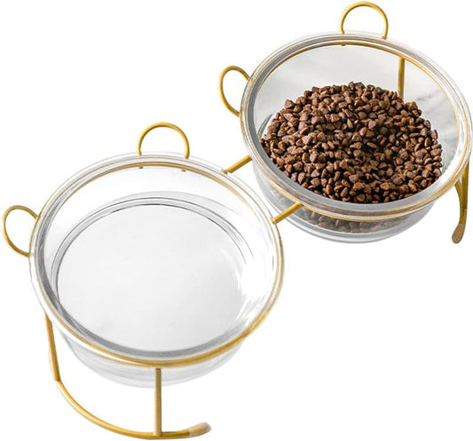 Cat Bowls Glass Raised Pet Bowl Cat Food and Water Bowls Set Tilted Elevated Cat Dog Bowl with Metal Stand Cat Dish Feeder for Puppy Cats and Small Dogs