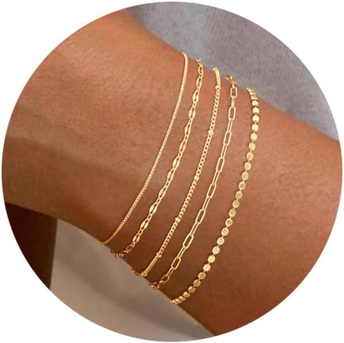 MBW Gold Bracelets for Women Trendy, Dainty 14K Gold Plated Bracelet Stack Beaded Chain Bracelet Set Thin Small Cute Paperclip Bracelets Fashion Waterproof Jewelry Gift Gold Accessories for Women