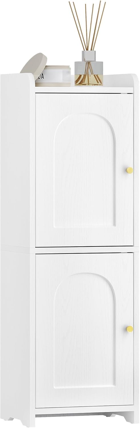 Bathroom Storage Cabinet, Small Corner Floor Cabinet with 2 Doors and Adjustable Shelf, Narrow Toilet Paper Cabinets, Bathroom Organizer for Small Spaces, 7.9" D x 9.8" W x 29.5" H White