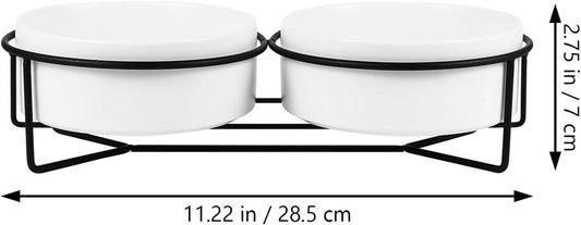 PRETYZOOM Ceramic Pet Bowl Double Dog Bowls with Black Iron Raised Stand 13cm Spill-Resistant Cat Feeding Dish for Water and Food