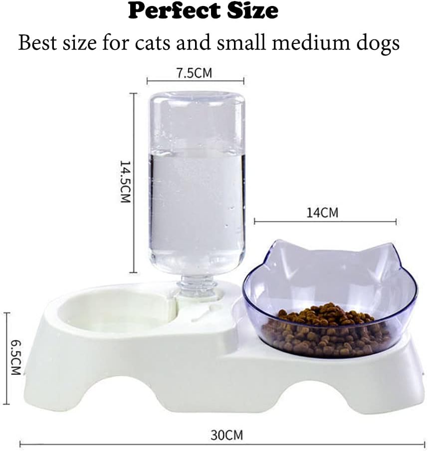 Double Dog Cat Bowls Anti Vomiting, Elevated Cat Food Water Bowls with 15° Tilted Raised Stand and Automatic Water Dispenser Bottle Pet Feeder Bowl for Cats and Small Dogs