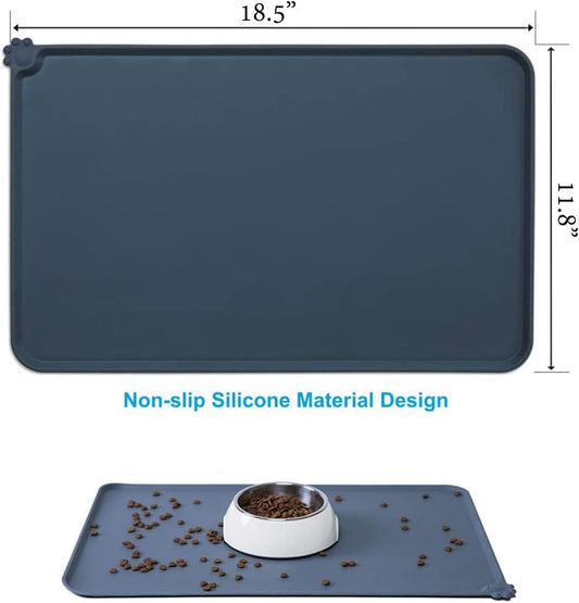 Silicone Dog Cat Bowl Mat,Waterproof Slip Resistant Silicone Pet Feeding Mat,Anti-Slip Pet Bowl Mats Cats and Dogs Food Water Placemat Tray,Raised Edges to Prevent Water Spills on Floor (Grey)