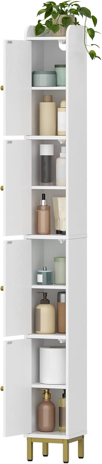 4-Tier Narrow Tall Storage Cabinet, Slim Bathroom Storage Cabinet with 4 Adjustable Feet and Shelves, Bathroom Organization for Small Space, Kitchen, Living Room, Laundry Room White BC42213G