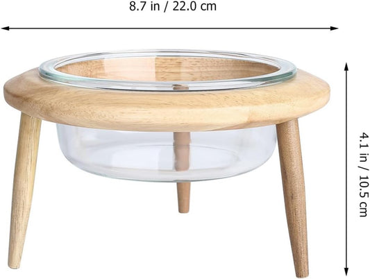 Milisten Glass Raised Pet Bowl with Wooden Stand 17.8cm 800ml Non-Spill Water Feeder and Food Dish for Cats and Dogs Elevated Feeding Supplies