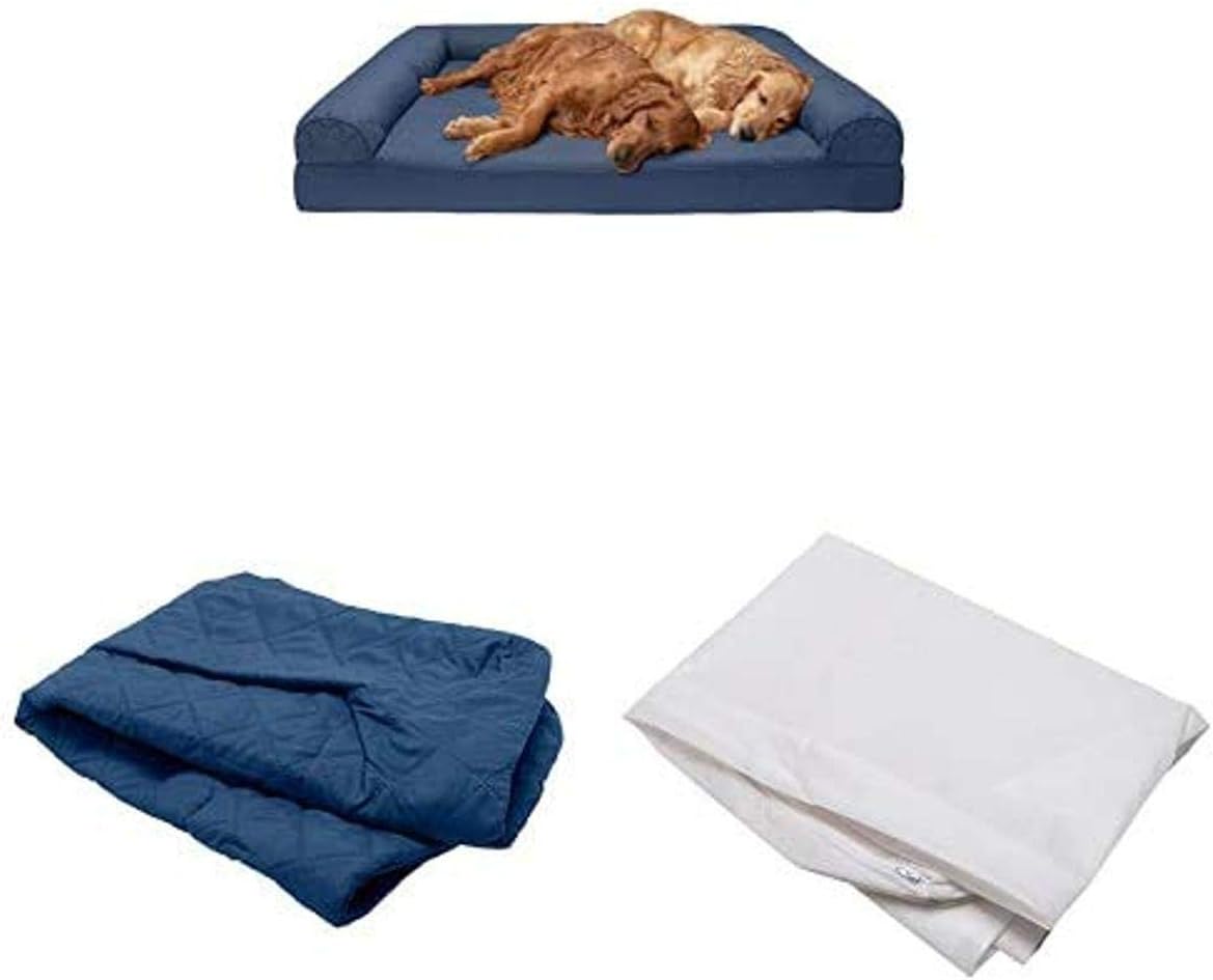 Furhaven Pet Bundle - Jumbo Plus Navy Orthopedic Quilted Quilted Sofa, Extra Dog Bed Cover, & Water-Resistant Mattress Liner for Dogs & Cats