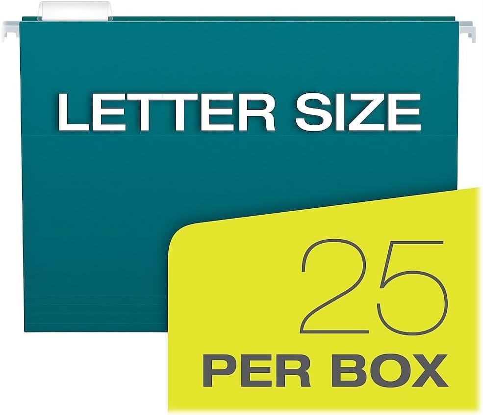 Pendaflex Recycled Hanging File Folders, Letter Size, Assorted Jewel-Tone Colors, Two-Tone for Foolproof Filing, 1/5-Cut Tabs, 25 Per Box (81667)