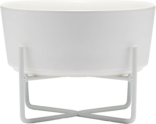 Waggo Simple Solid Dog Bowl with Iron Stand – Elevated Ceramic Feeder or Water Bowl for Small or Large Dogs (Large, Matte White)