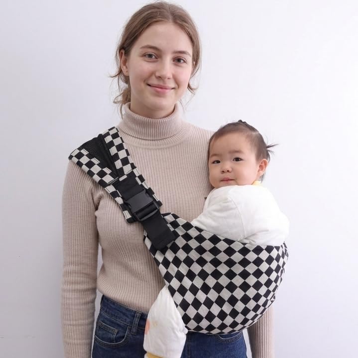 Baby Sling Carrier, Lightweight Portable Baby Carrier for Toddlers, Toddler Sling Carrier with Adjustable Front & Back Shoulder Straps – Fits Babies 6 to 48 Months (Ebony Check)