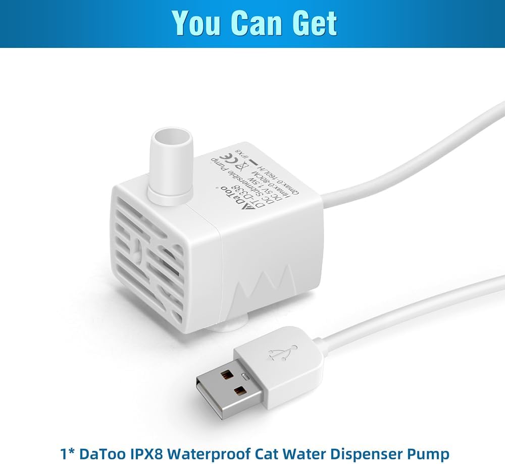 Cat Water Fountain Pump Ultra-Quiet USB 5V Submersible Pet Drinking Fountain Replacement Pump IPX8 Waterproof Cat Water Dispenser Pump