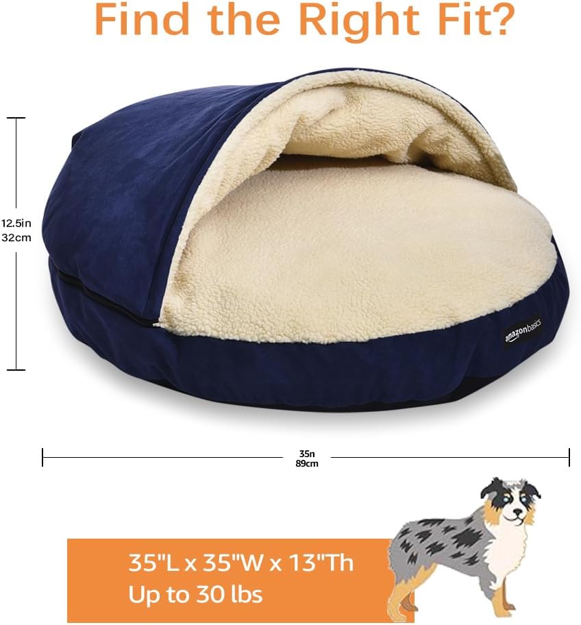 AmazonBasics 개와 고양이를 위한 반려동물 동굴 침대, 탈착식 둥지 동굴 커버, 최대 13.6kg(30파운드) 애완동물에 적합, 88.9 x 88.9 x 33cm(35 x 35 x 13인치), 블루