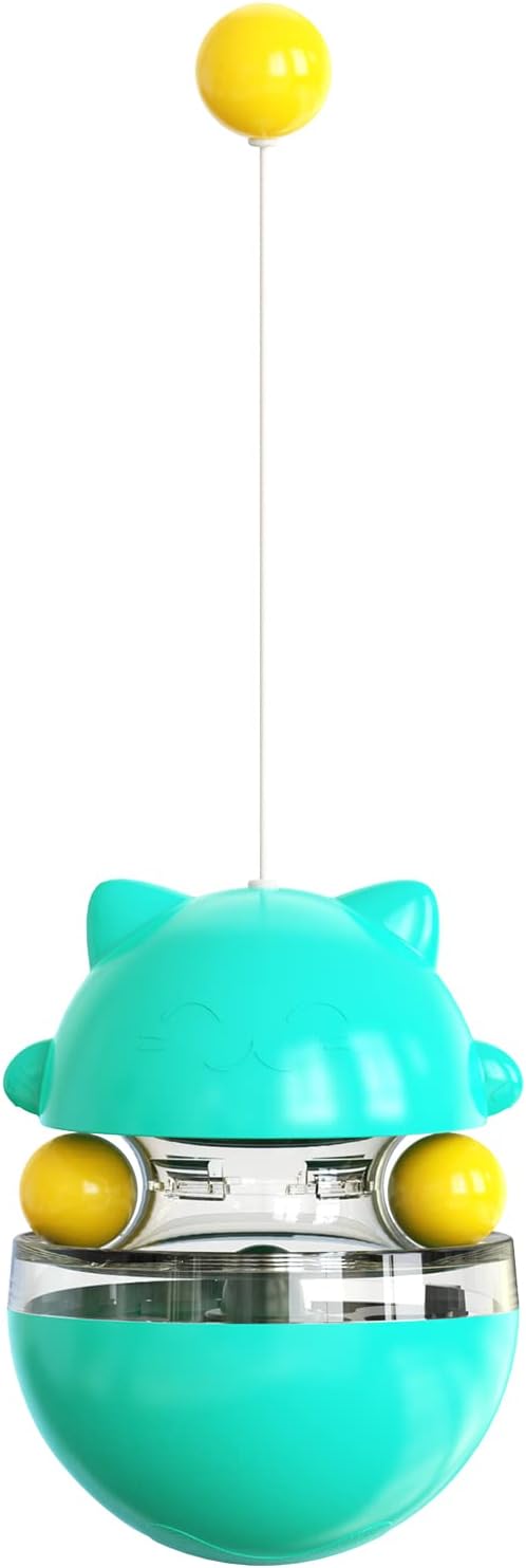 Premium Cat Treat Dispensing Toy, Wobbler Interactive Cat Feeder with Teaser Wand, Adjustable Slow Feeder Ball for Indoor Cats, Kitten Entertainment & Mental Stimulation (Blue)