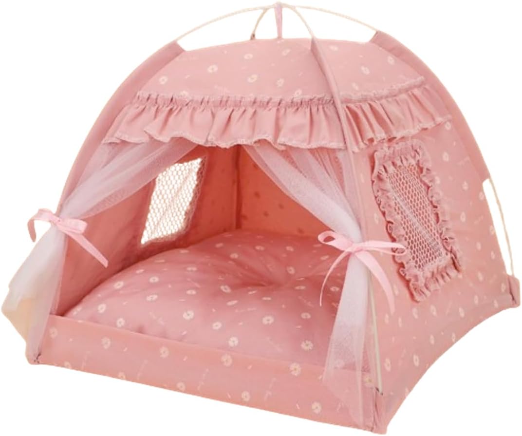 Selena Cat Bed Tents Dog House Indoor Outdoor Lace Mesh Breathable Windows Door Curtains Removable Portable Nest Teepe House (Small,Pink(Ruffled Teim))