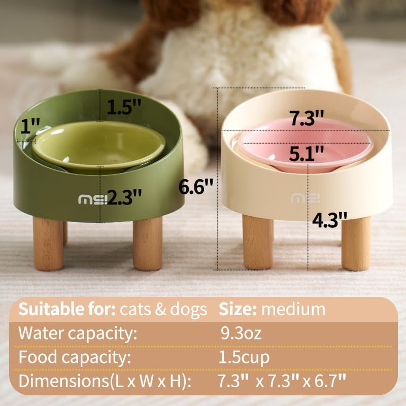 MS!MAKE SURE Ceramic Elevated Cat Bowls with Wooden Stand Set, Adjustable Raised Pet Bowls for Small Dogs & Cats, Anti - Slip Rubber Pad, Leak - Proof, Lead & Cadmium Free, Whisker - Friendly, Pink