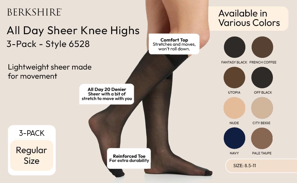 Berkshire 6528 Sheer Knee High Stockings for Women - 20 Denier Nylon Hosiery with Reinforced Toe & Comfort Band - 3 Pack