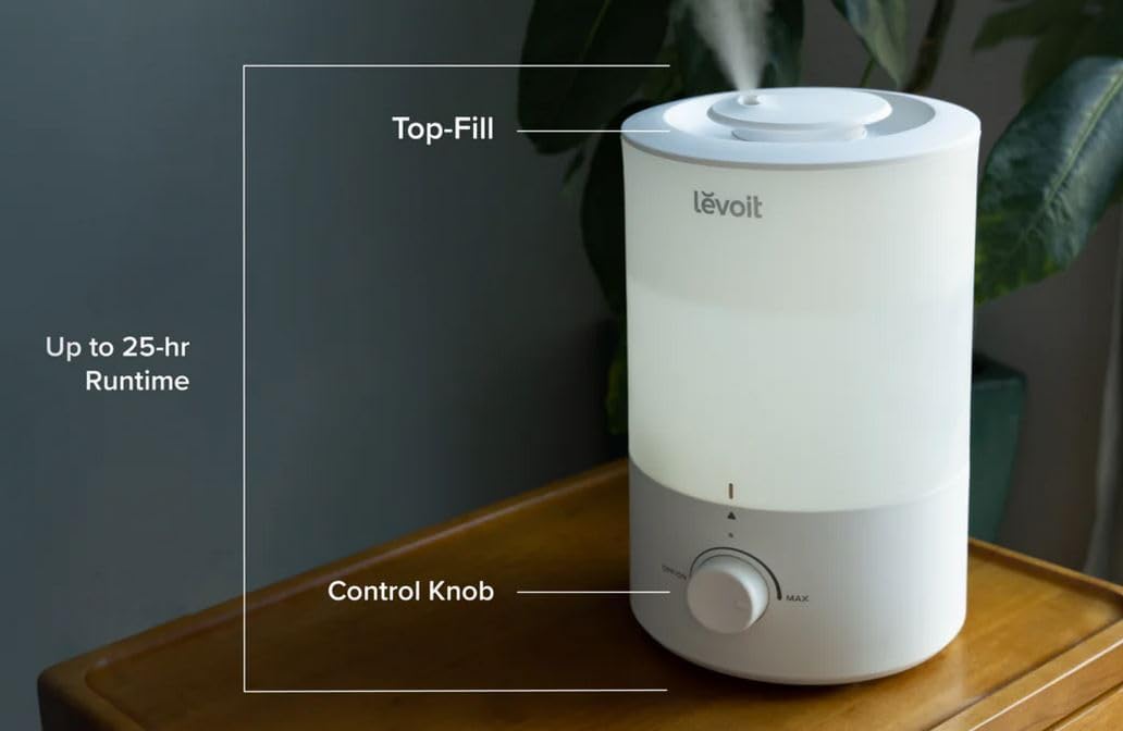 LEVOIT - Humidifiers for Bedroom - Quiet (3L Water Tank) - Cool Mist/Top Fill/Essential Oil Diffuser/25Watt - Home/Large Room - 360ยฐ Nozzle - Rapid Ultrasonic Humidification for Baby Nursery/Plant