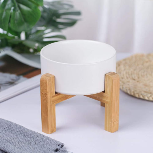 Ceramic Elevated Raised Cat Bowl with Wood Stand No Spill Pet Food Water Feeder Cats Small Dogs