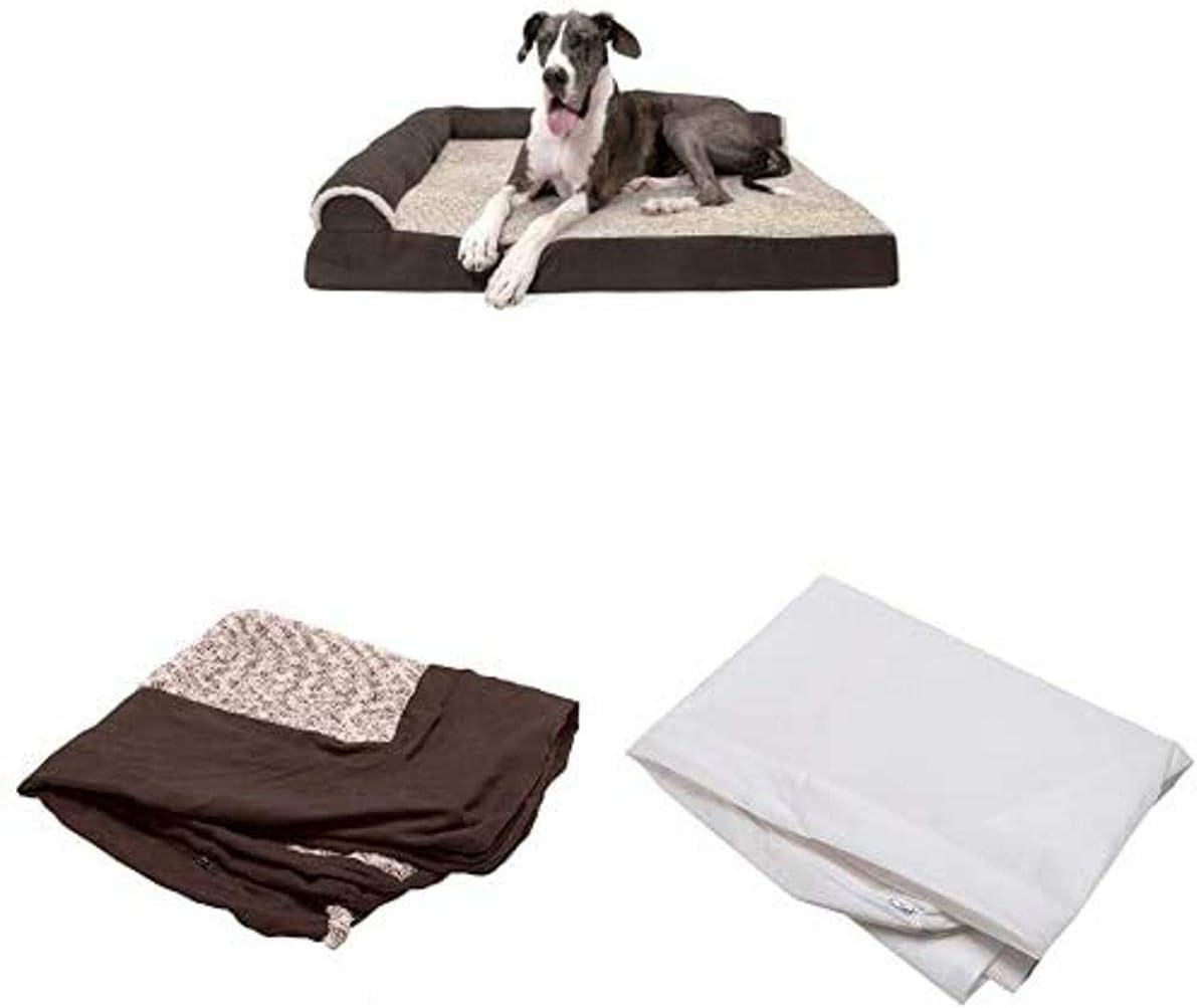 Furhaven Pet Bundle - Jumbo Plus Espresso Deluxe Orthopedic Two-Tone Plush Faux Fur & Suede L Shaped Chaise, Extra Dog Bed Cover, & Water-Resistant Mattress Liner for Dogs & Cats