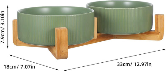 Milisten Ceramic Elevated Cat Feeder with Wooden Stand, 2-Bowl Raised Pet Food and Water Dish, Non-Spill Matte Green Indoor Dog and Cat Bowl Set