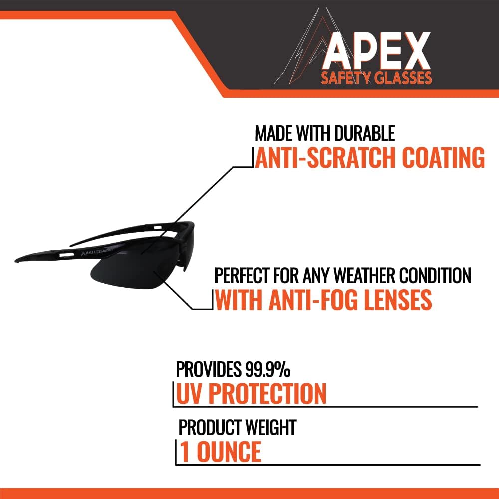Malta Dynamics APEX Safety Glasses – Anti Scratch and Anti Fog Protection, Construction Safety Glasses for Men and Women, ISEA & ANSI Z87 Compliant (Tinted, 12 Pairs)