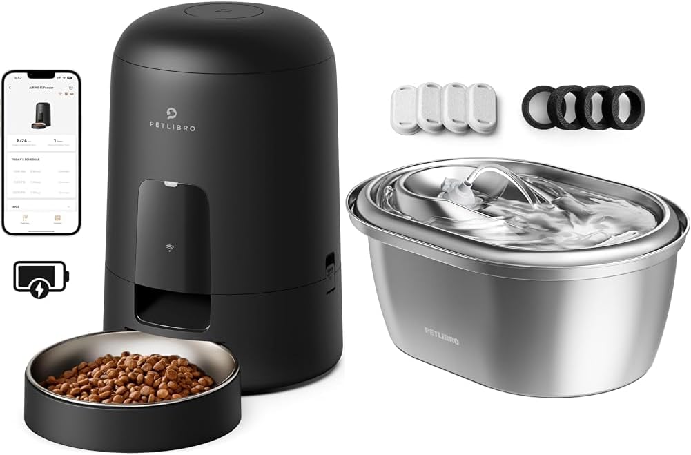Bundle of PETLIBRO Automatic Cat Feeder, Wi-Fi Rechargeable Battery-Operated with 30-Day Life, AIR 2.4G Wi-Fi, 2L Black + Stainless Steel Cat Water Fountain, 101oz/3L, with 4 Filters & 4 Sponges