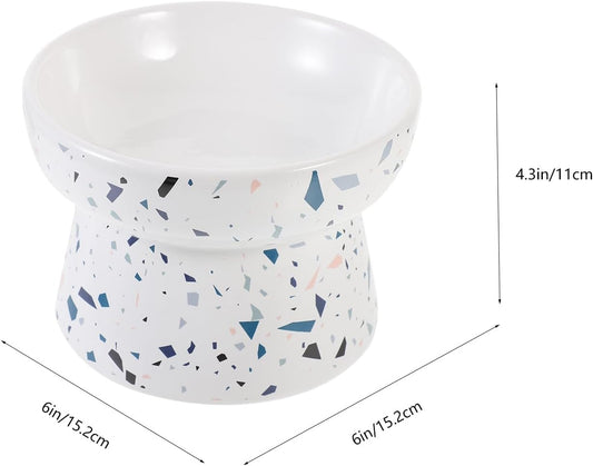 Elevated Ceramic Cat Bowl Raised Pet Food Dish with Neck Protection Slant Design Marble White Large for Indoor Cats and Dogs