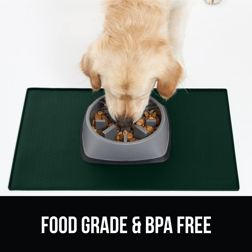 Gorilla Grip Slow Feeder Dog Bowl and Pet Feeding Mat, 4 Cups Dogs Pet Bowls Slip Resistant in Sage Color, Dog Food Mats Size 18.5x11.5 Waterproof Placemats in Hunter Green Color, 2 Item Bundle