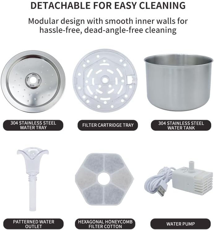 Cat Water Fountain Stainless Steel, 74oz/2.2L Automatic Pet Fountain with USB Pump & Replacement Filters, Ultra Quiet Indoor Water Dispenser for Cats, LED Monitoring Water Level