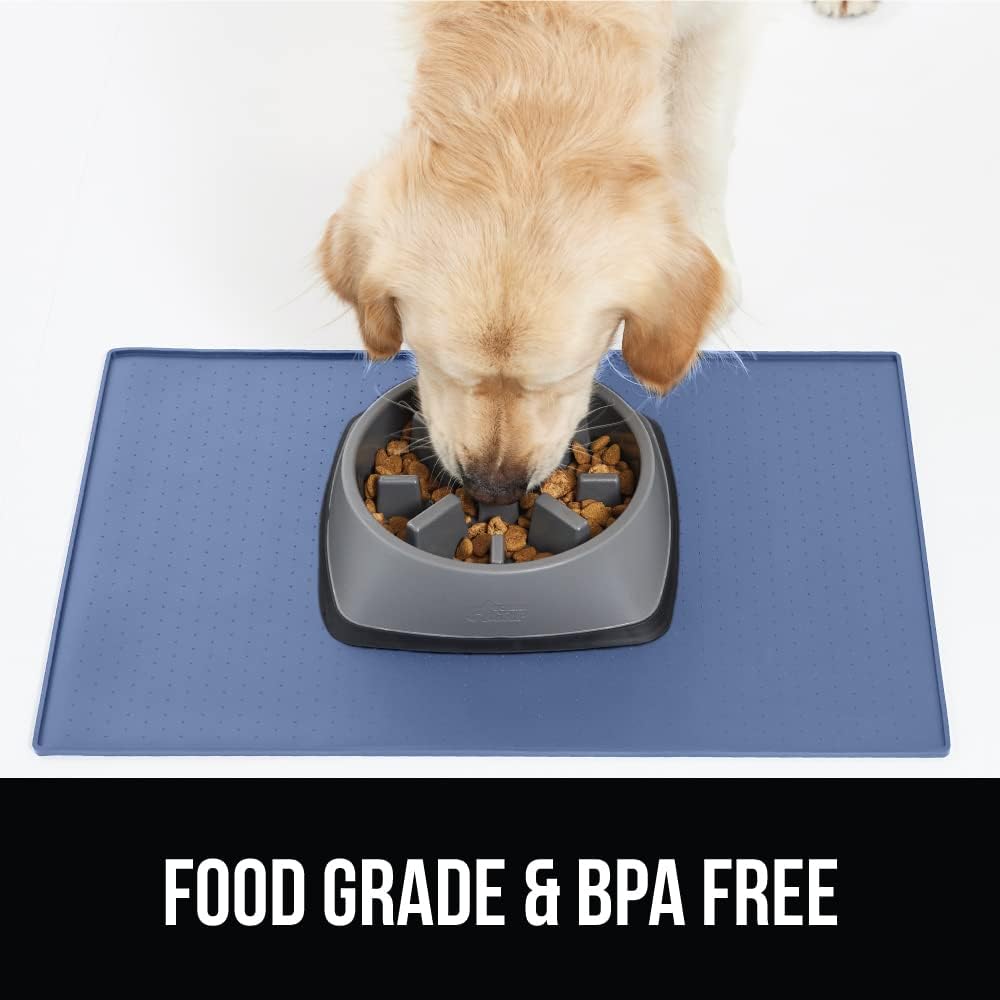 Gorilla Grip Slow Feeder Dog Bowl and Pet Feeding Mat, 4 Cups Dogs Pet Bowls Slip Resistant, Dog Food Mats Size 18.5x11.5 Waterproof Placemats, Both in Light Blue Color, 2 Item Bundle