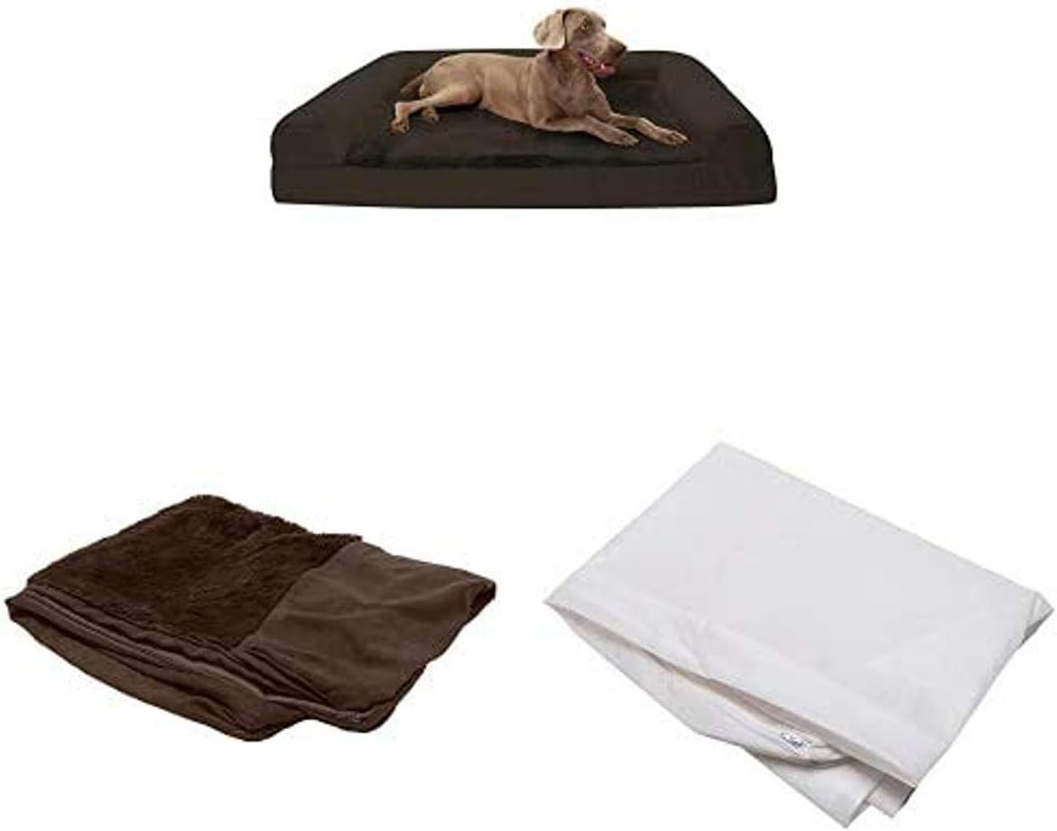 Furhaven Pet Bundle - Jumbo Plus Espresso Cooling Gel Memory Foam Ultra Plush Faux Fur & Suede Sofa, Extra Dog Bed Cover, & Water-Resistant Mattress Liner for Dogs & Cats