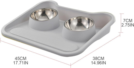 Double Cat Bowls, Raised Food Feeder for Cats and Dogs, Pet Food Container for Small Puppy, Flat Basic Spill Proof Cat Water Bowls (Grey)