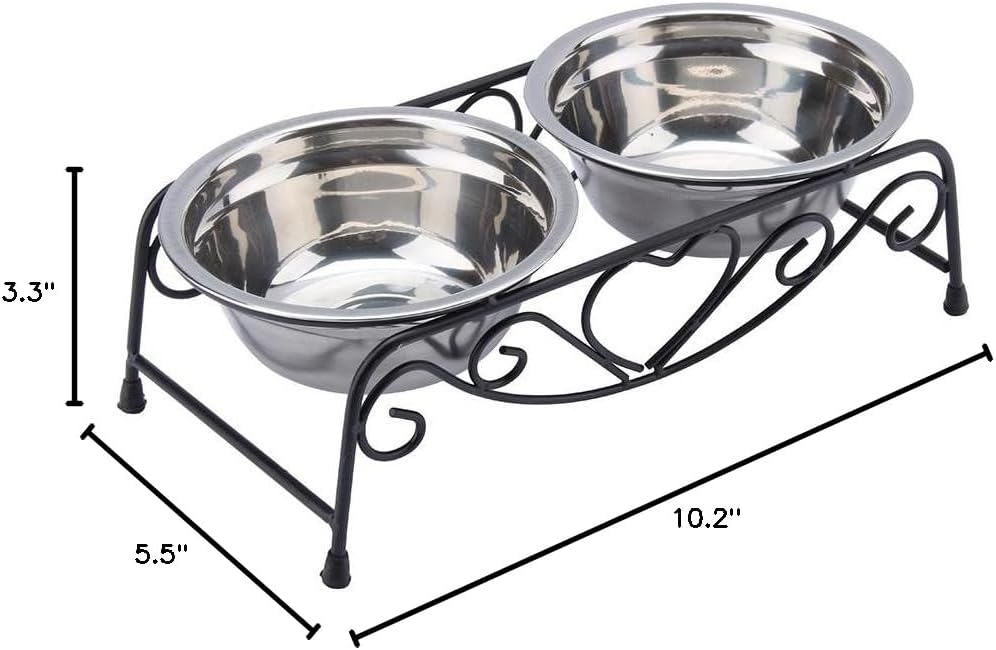 Elevated Pet Bowls, Stainless Steel Cat Dog Double Dog and Cat Water Food Feeder Retro Stand Dish Bowls Stand for Dogs Cats Puppy(Size: 10.2 x 5.5 x 3.3inch)