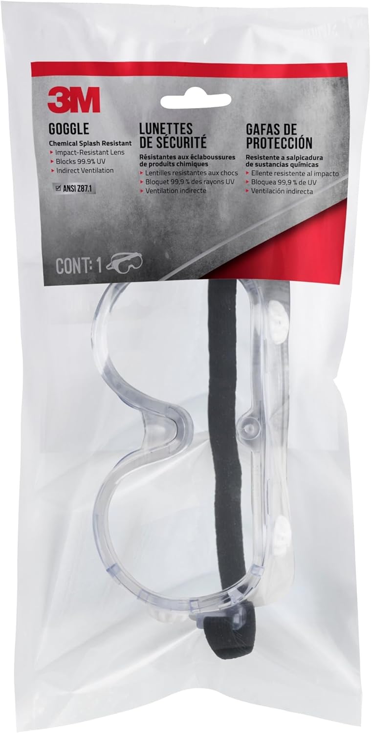 3M Chemical Splash Goggles, Impact Resistant, 99.9% UV Block, Scratch Resistant, Adjustable Fit (91252H1-DC-10)