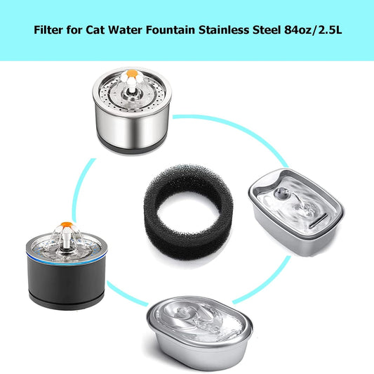 8 Pieces Pet Fountain Foam Filters Round Sponge Black Filter Foam Pet Cat Fountain Replacement Filter for 2.5 L/ 84 oz Stainless Steel Cat Fountain Pet Drinking Water