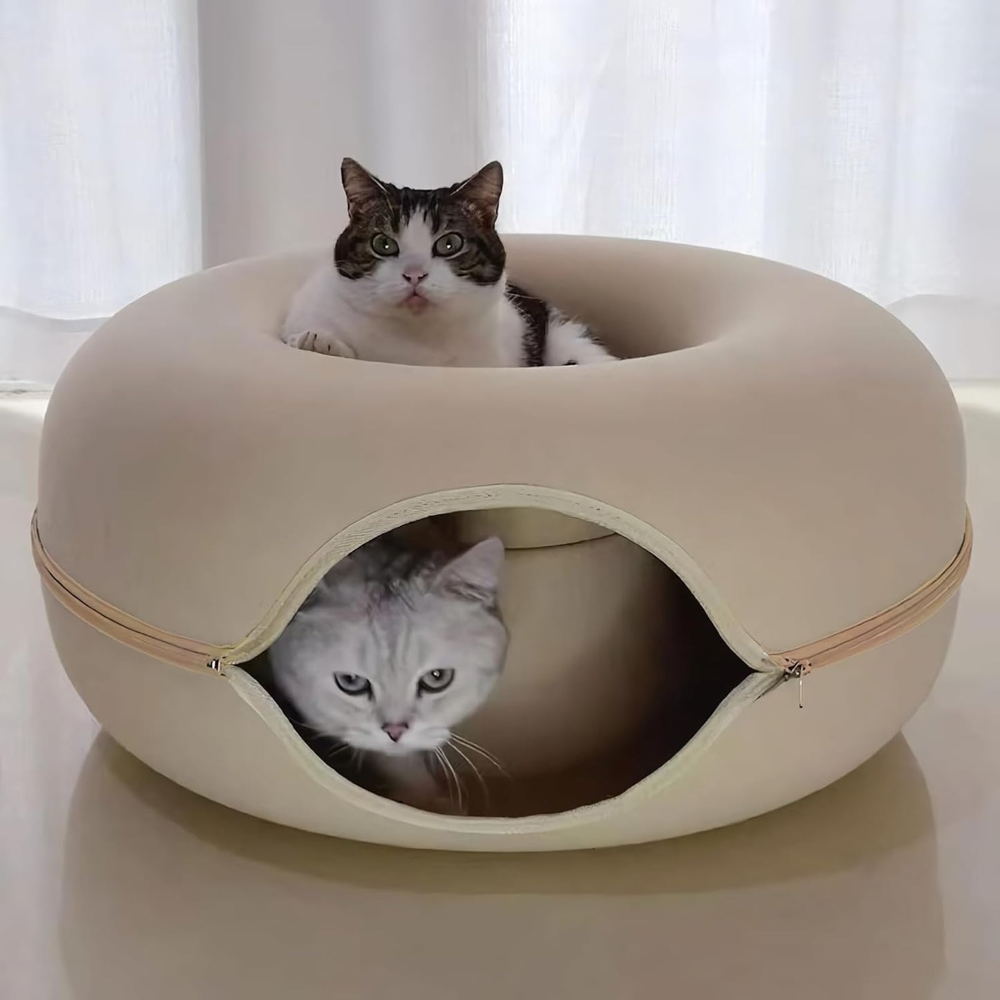 Donut Cat Tunnel Bed Peekaboo Cat Cave for Large Cats Up to 30 Lbs, Kitty Interactive Playing Tent House for Multiple Cats,Detachable,Scratch Resistant (Beige, Large - 24 Inch Diameter)