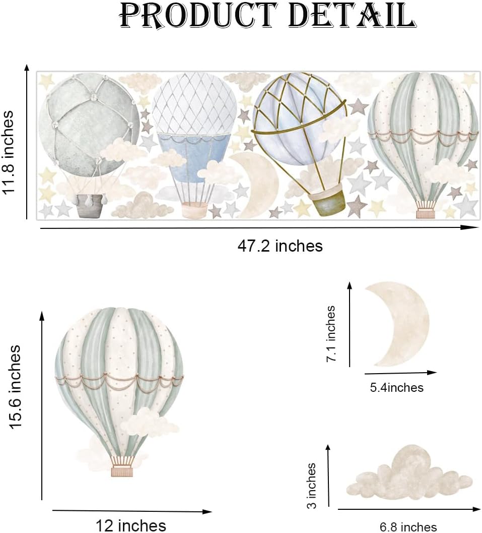 Watercolor Hot Air Balloon Wall Decals, Stars Clouds Balloon Vinyl Wall Stickers, Peel and Stick Colorful Artwork for Nursery Bedroom Toddler Room Playroom Decor