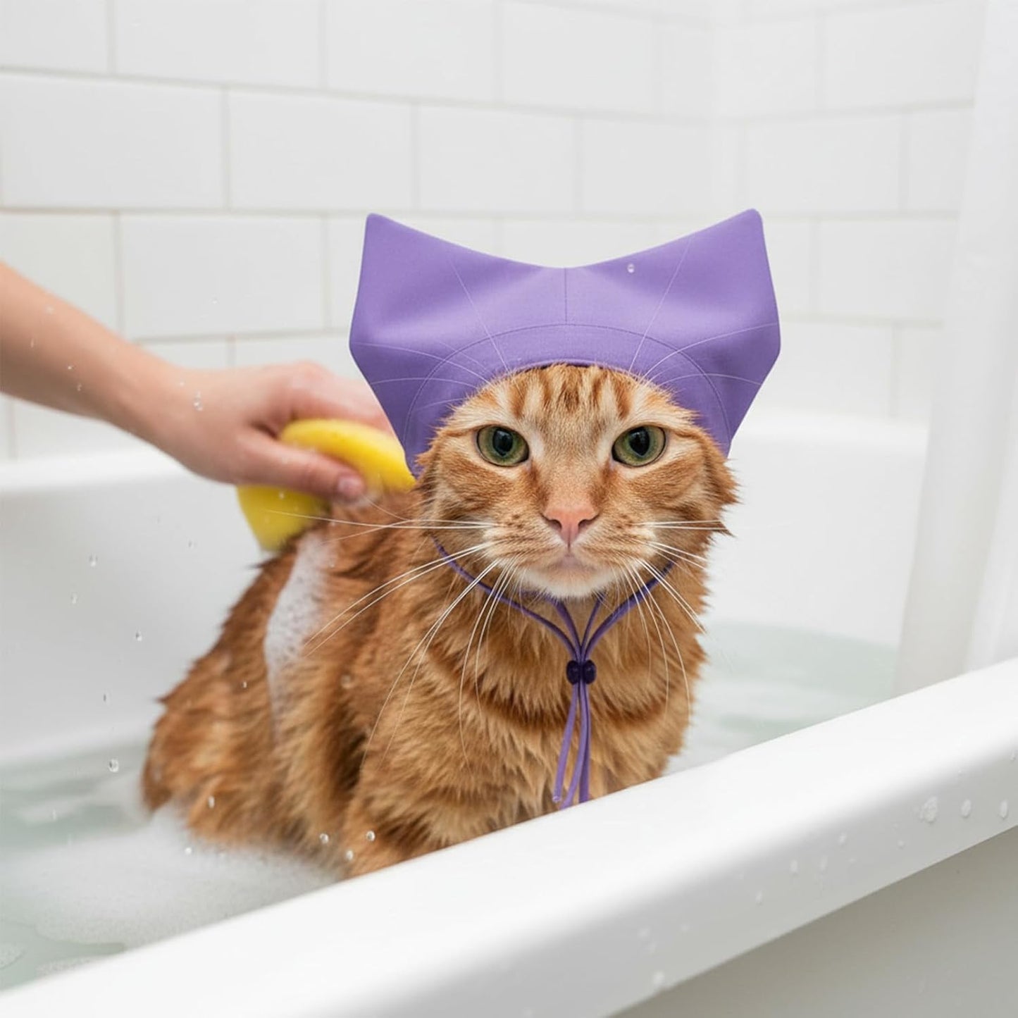Waterproof Pet Shower Cap – Adjustable Cat Bath & Dog Shower Ear Protector for Kittens, Puppies, Small Pets (Purple)