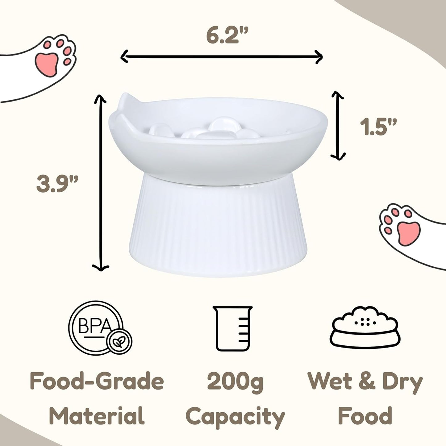 Unbreakable Raised Cat Bowls,Detachable Slow Feeder Pet Bowl, Heavy Weighted, Non-Slip Feeder, Elevated Small Dogs Slow Feeders, Dry & Wet Food, Whisker Friendly(White; 6.2'')