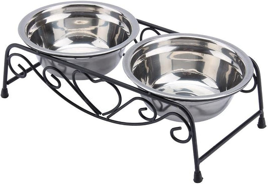 Elevated Pet Bowls, Stainless Steel Cat Dog Double Dog and Cat Water Food Feeder Retro Stand Dish Bowls Stand for Dogs Cats Puppy(Size: 10.2 x 5.5 x 3.3inch)