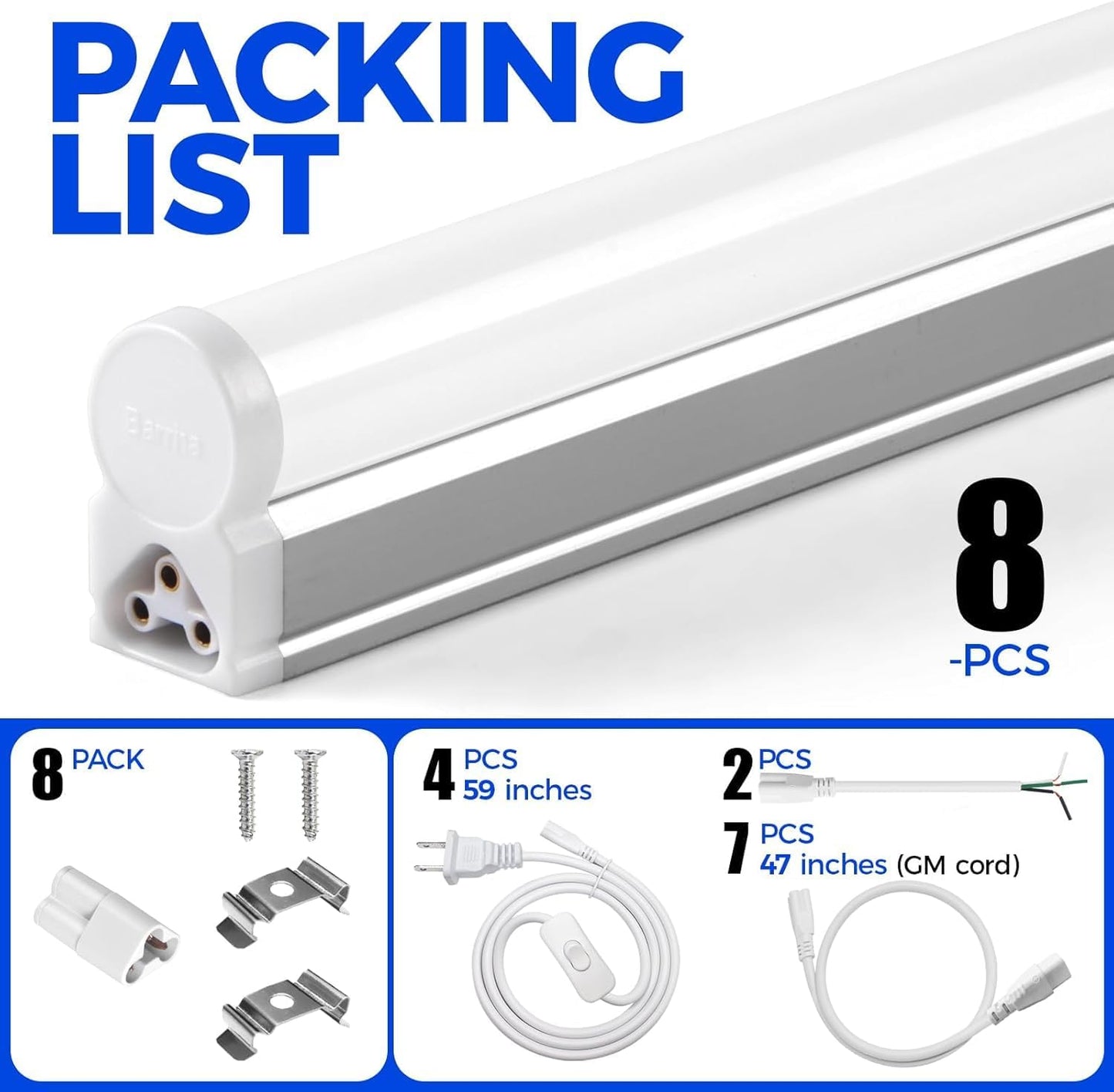 Barrina LED T5 Integrated Single Fixture, 4FT, 2200lm, 6500K (Super Bright White), 20W, Utility Shop Light, Ceiling and Under Cabinet Light, ETL Listed, Corded Electric with ON/Off Switch, 8 Pack