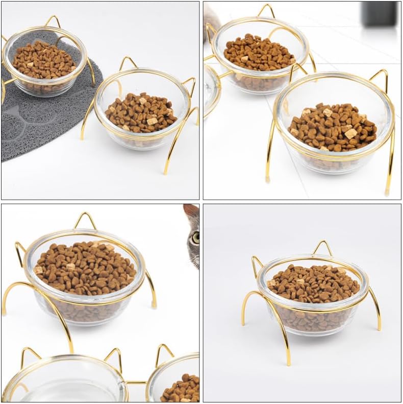 Elevated Glass Cat Food Bowl with Tilted Metal Stand, Single Raised Pet Dish for Neck Guard & Orthopedic Comfort, High Cat Feeder for Water or Food, Indoor Small Dog Bowl with Gold Rack