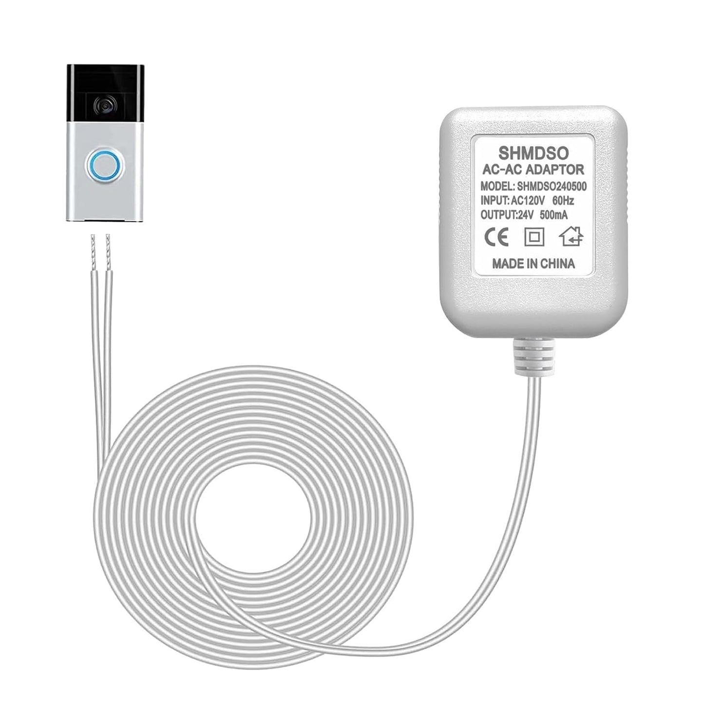 24V Doorbell Transformer,33 Feet Length Output Line 24V500mA Video Doorbell Power Adapter, Compatible with Arlo, Nest, Wyze, Eufy, Ring Doorbell Power Supply (White 33 feet)