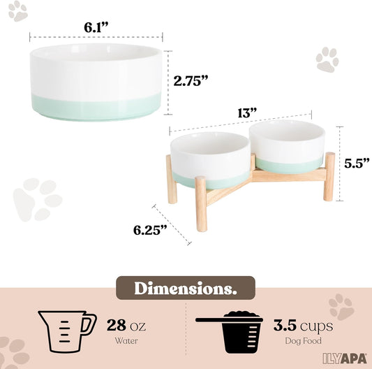 Ilyapa Ceramic Dog Bowls - Elevated for Medium Sized Pet with Raised Food and Water Set - Green Double 6 inch, 28 Oz Bowls & 13x6.3x5.5 Wooden Stand